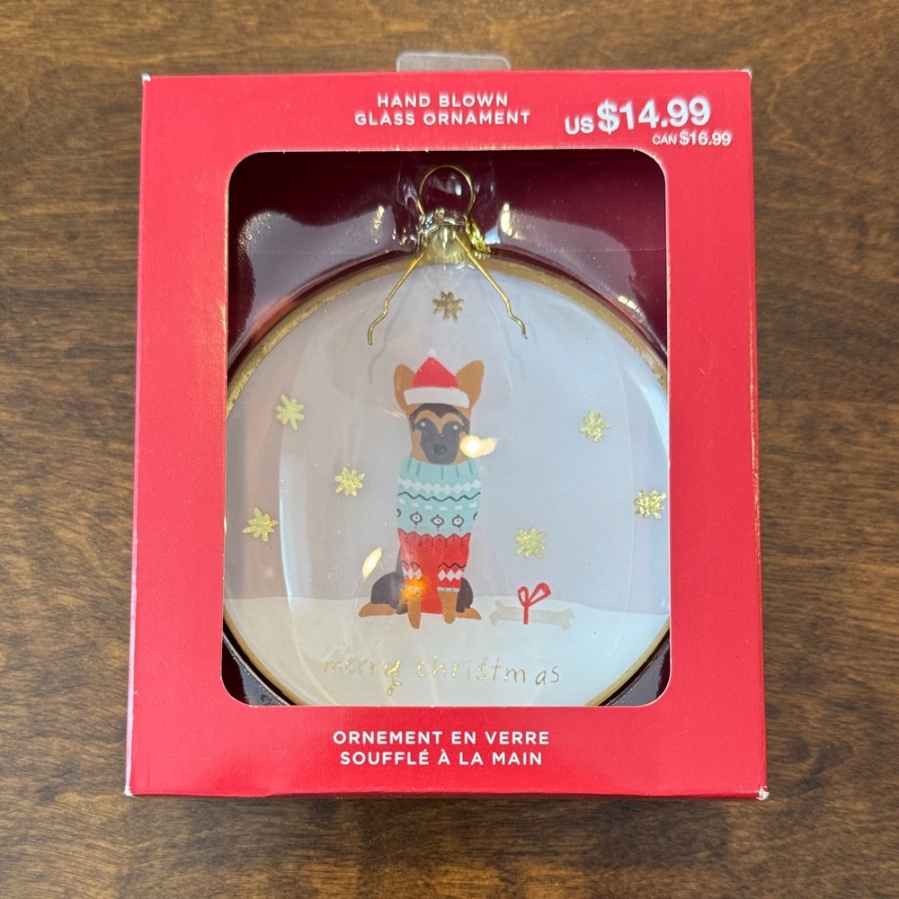 Festive Glass Ornament with Dog Design - Red and Gold